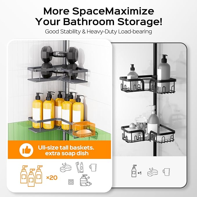 HAMITOR Shower Caddy Tension Pole: 4-Tier Corner Bathroom Organizer with Soap Holder - No-Drill Adjustable Storage Rack - 47-123 Inch Rustproof Space Saving Gray