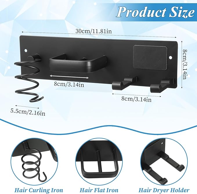 Hair Dryer Holder Wall Mounted 3 in 1 Bathroom Hair Tool Organizer Rack with Curling Iron Holder & Flat Iron Holder Blow Dryer Holder for Universal Dryer, Matte Black