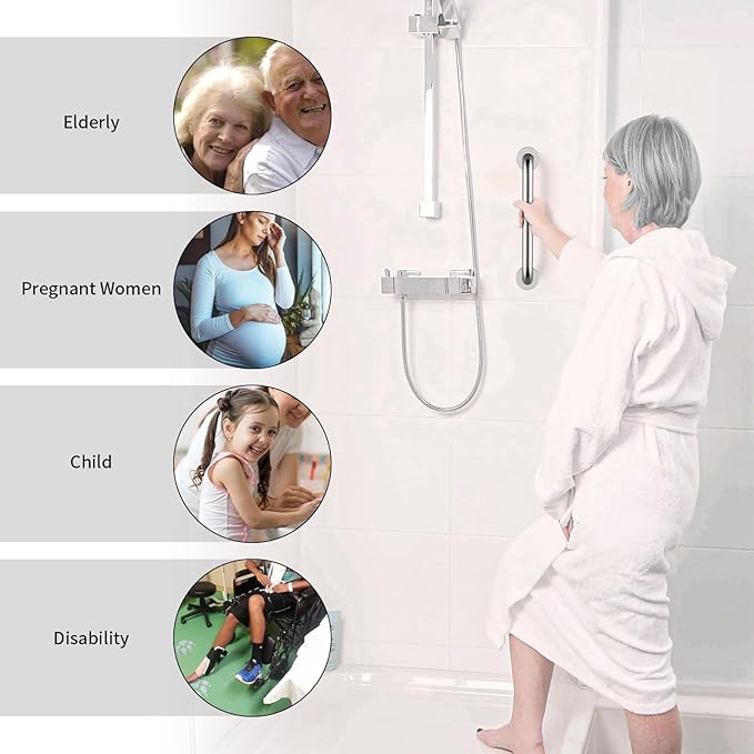 12 Inch Stainless Steel Shower Grab Bar - ZUEXT Shower Handle, Bathroom Balance Bar - Safety Hand Rail Support - Handicap, Elderly, Injury, Senior Assist Bath Handle (w/Self-Adhesive Stick-on Hook)