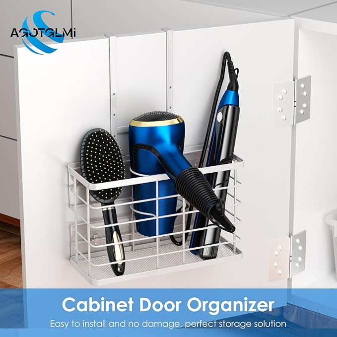 Agotglmi Hair Tool Organizer, Dryer Holder, 3 in 1 Blow Bathroom Organizer Wall Mounted/Cabinet Door for Flat Iron, Curling Straightener, Care & Styling Tools Storage Basket (White)
