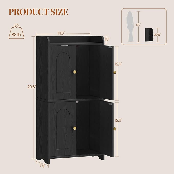 HEXCELEN Small Storage Cabinet, Bathroom Storage Cabinet with 4 Doors, Floor Bathroom Organizer Freestanding for Small Spaces, Living Room, Kitchen, Entryway (Mediterranean, Black)