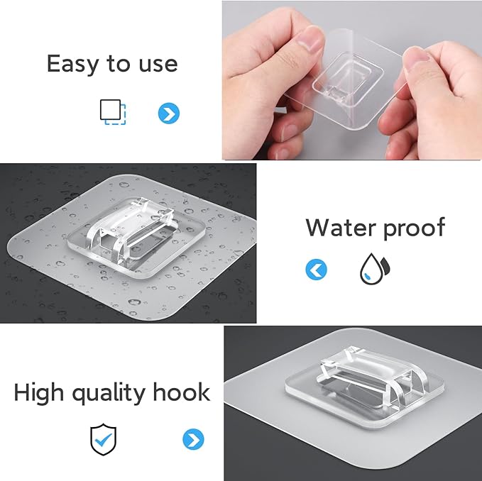 10 Pack Shower Caddy Adhesive Replacement, Waterproof Shower Shelf Adhesive Strips, Strong Adhesive Flat Hooks for Bathroom Storage Shelves and Kitchen Racks No Drilling, Clear