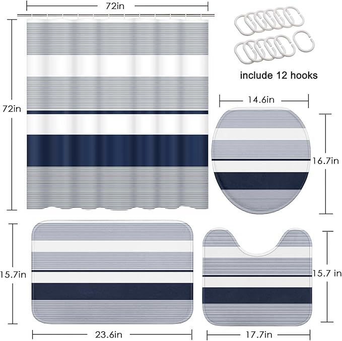 Navy Blue Shower Curtain Set with Toilet Lid Cover and Non-Slip Rugs for Bathroom, Modern Striped Lines 4 Pcs Shower Curtain, Simple Abstract Bathroom Set with 12 Hooks