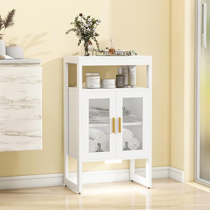 Bathroom Floor Storage Cabinet Freestanding Organizer with Sensor Light & Acrylic Doors for Bathroom, Home Office, Bedside, Sofa Side Table