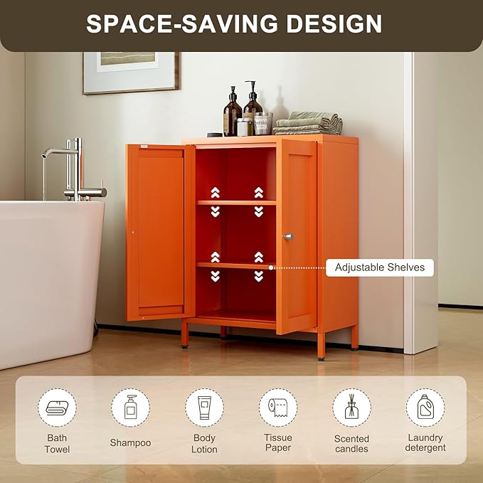 Bevivog Small Bathroom Storage Cabinet, Orange Metal Locker with 2 Doors and 2 Adjustable Shelves, Small Locker Cabinet Sideboard for Home Office, Living Room, Hallway, Entryway