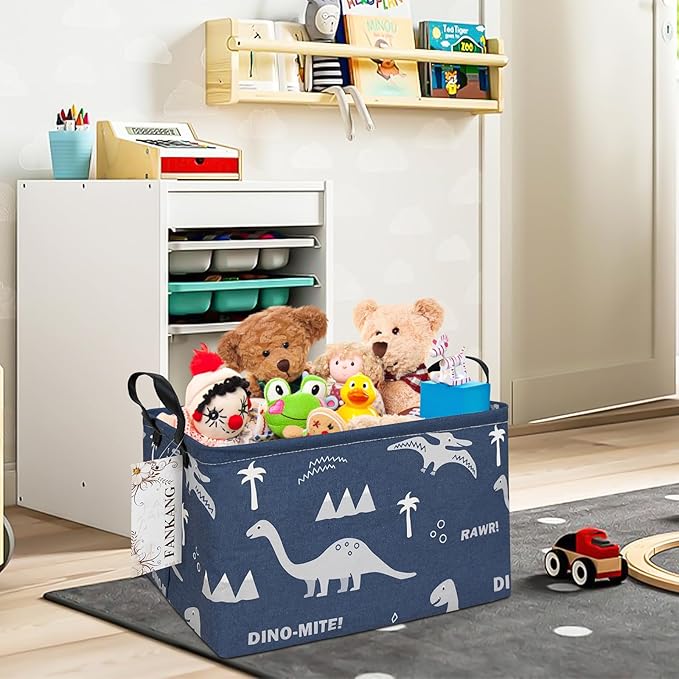 Storage Bins, Nursery Hamper Canvas Laundry Basket Foldable with Waterproof PE Coating Large Storage Baskets for Kids Boys and Girls, Office, Bedroom, Clothes,Toys(Rec-Blue dinosaur）