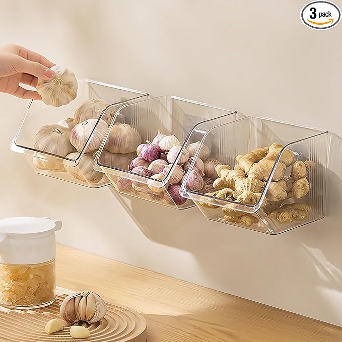 3-Pack Small Clear Acrylic Wall Mounted Storage Baskets, Adhesive Wall Mounted Storage Bins for Cabinet, Kitchen, Pantry, Bathroom
