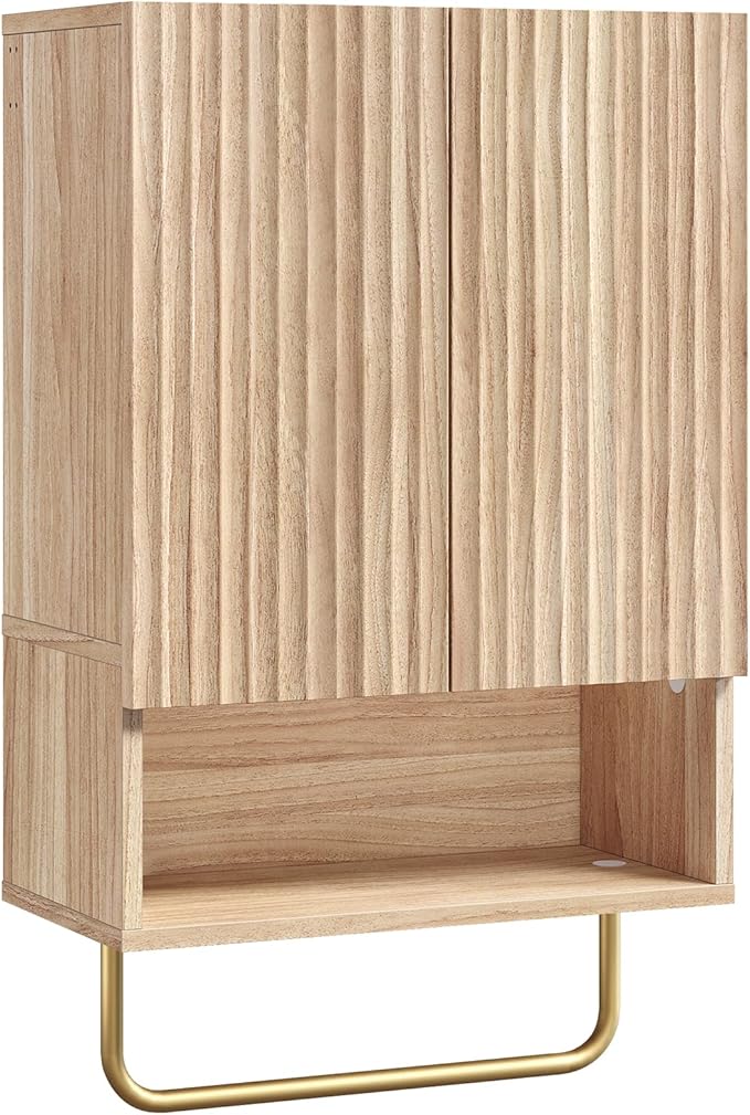 MAHANCRIS Bathroom Wall Cabinet, Wall Mounted Medicine Cabinets with Towel Bar & Adjustable Shelf, Over The Toilet Space Saver Storage Cabinet with 2 Doors, for Bathroom Laundry Room Kitchen, Natural
