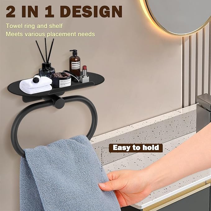 Hand Towel Ring with Shelf, Stainless Steel Hand Towel Holder, Heavy Duty Bath Accessories, Wall Mounted Towel Hanger for Bathroom Kitchen (Matte Black)