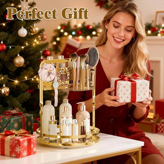 360 Rotating Makeup Organizer for Vanity, 2-Tier Gold Perfume Organizer, Lazy Susan for Bathroom Counter Organizer, Spinning Skincare Dresser Storage with Makeup Brush Holder & Jewelry Hooks