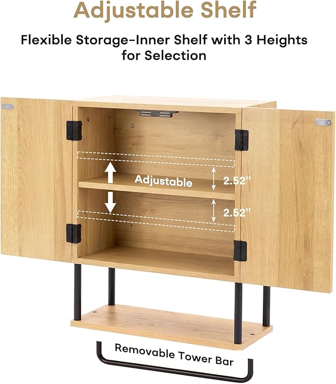FerniTry Modern Fluted Bathroom Wall Cabinet,3-Tier Curved Profile Wooden Medicine Cabinet with 2 Doors,Over the Toilet Storage Cabinet Wall Mounted with Adjustable Shelf and Towel Bar(Oak, Small)