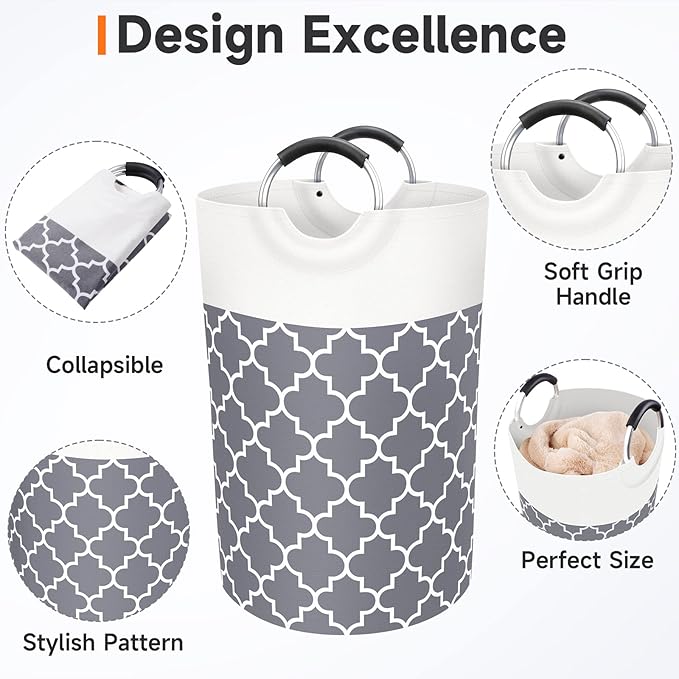 Fabspace Large Laundry Basket Laundry Hamper Bag Washing Bin Clothes Bag Collapsible Tall with Handles Waterproof Travel Bathroom College Essentials Storage for College Dorm, Family (Grey) 75L
