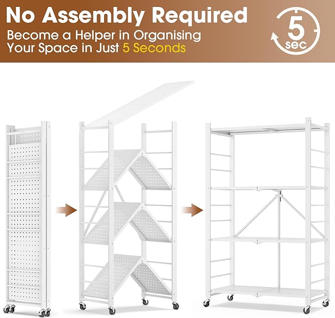 4-Tier Folding Metal Storage Shelf with Wheels & Hooks, Heavy Duty No-Assembly Collapsible Utility Rack for Kitchen, Garage, Office, Living Room – 600 lbs Capacity(White, 4-Tier)