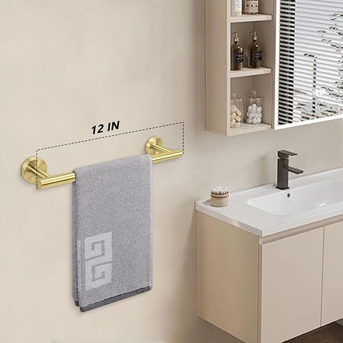 NearMoon Bath Towel Bar, Thicken Stainless Steel Shower Towel Rack Holder Wall Mounted for Bathroom, 12-lnch Overall Length-10-lnch Usable Hanging Space (1 Pack, Brushed Gold)