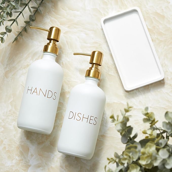Glass Dish and Hand Soap Dispenser Set - Kitchen Soap Dispenser with Tray and Stainless Steel Pump - for Modern Gold Kitchen Decor and Accessories