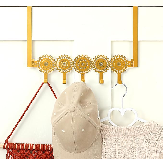 AceOrbit Gold Bohemian Over The Door Hooks Hanger Wall Mount Towel Hanger Door Holder Organizer 5 Hooks Kawaii Farmhouse Rustic Coquettish Style Decor for Bedroom Bathroom Towel Hat Clothes