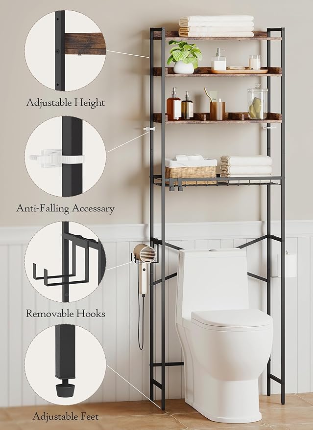 Quikraen 4 Tier Over The Toilet Storage Shelf with 3 Adjustable Shelves, Space Saver Bathroom Organizer with 4 Hooks, Freestanding Above Toilet Rack for Restroom Laundry (Brown)