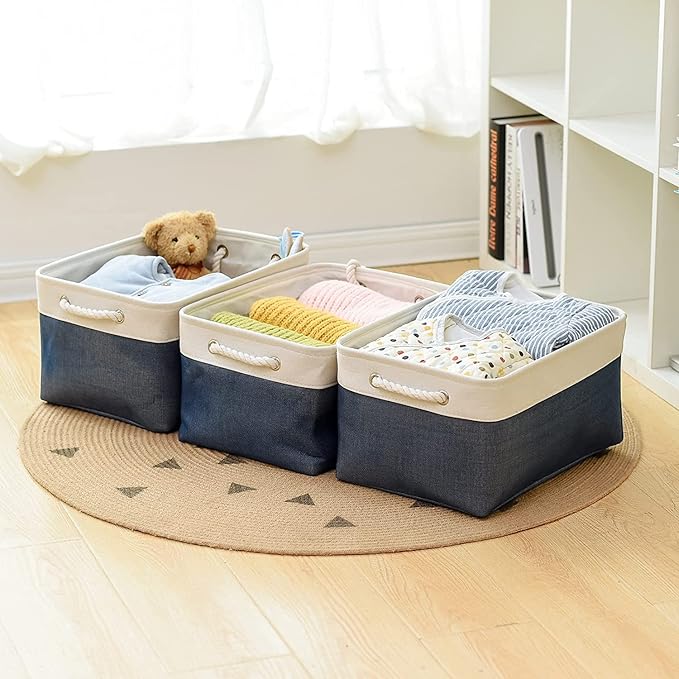 TheWarmHome Storage Bins for Shelves - 1 Pack 15.7x11.8x8.3 inch Fabric Storage Cubes, Storage Basket for Organizing Gift Laundry Cloth Toy Room (White & Jean Blue)