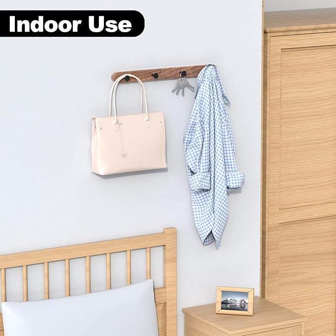 16 Inch Walnut Wood Wall Mounted Coat Rack with 4 Matte Black Round Hooks Adhesive Mounted Entryway Hooks Modern Natural Wooden Pegs for Hanging Coat Clothes Hat Bag Purse Key and Towel