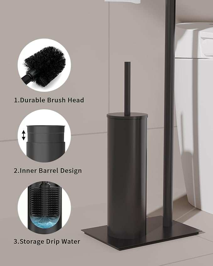 Toilet Paper Holder Stand, Free Standing Toilet Paper Holder with Shelf for Bathroom, Stainless Steel Matte Black Toilet Tissue Holder with Brush and Holder Set, Weighted Base