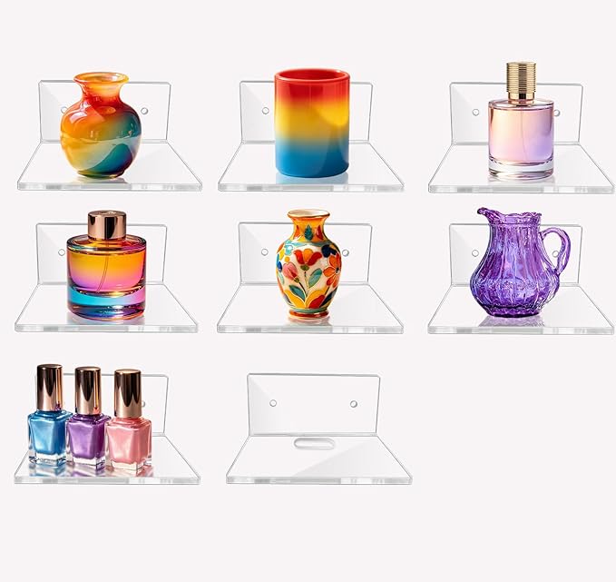 Acrylic Wall Shelves,Clear Floating Shelves for Display (8 Pieces with Holes)