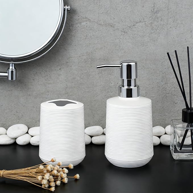 Bathroom Accessories Set, Bathroom Soap Dispenser & Toothbrush Holder Set, 2 Piece High Capacity Organizer in White, Minimalist Boho Style for Clutter Free Bathroom