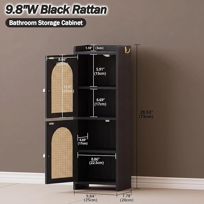 Rattan Bathroom Storage Cabinet,Corner Floor Cabinet with 2 Doors and Adjustable Shelf, Narrow Toilet Paper Cabinets with 2Hooks,Toilet Organizer for Small Spaces,7.87"D*9.84"W*29.72"H（Black）