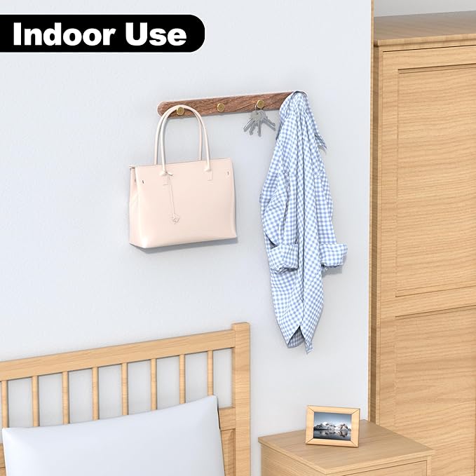 16 Inch Walnut Wood Wall Mounted Coat Rack with 4 Golden Round Hooks, Adhesive Mounted Entryway Hooks, Modern Natural Wooden Pegs for Hanging Coat Clothes Hat Bag Purse Key and Towel