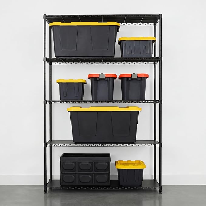 SafeRacks - NSF Certified Storage Shelves, Zinc, Heavy Duty Steel Wire Unit with Adjustable Feet, Garage or Bakers Rack, Kitchen, Pantry Shelf - (48"x18"x72" 5-Tier) (Black)