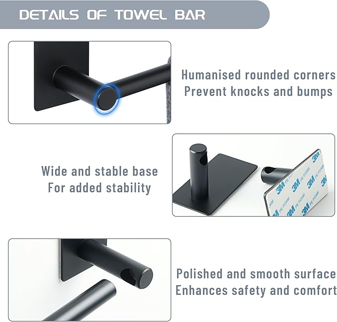 Alise Adhesive Towel Bar, 16 Inch Towel Racks for Bathroom SUS 304 Stainless Steel,Bathroom Towel Holder No Drill, Strong Self Adhesive Towel Bar, Matte Black