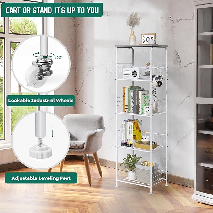 5 Tier Metal Wire Storage Rack with Wooden Top, Versatile Utility Organizer with Casters for Laundry Pantry Bathroom, Kitchen Organizers and Storage Shelving Unit Rolling Utility Carts, Grey
