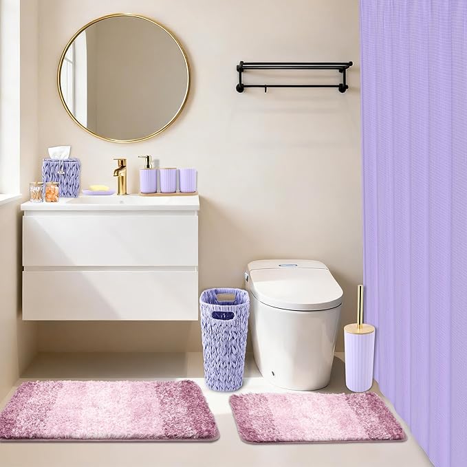 Bathroom Accessories Set, 25PCS Wicker Bathroom Accessory Set with Shower Curtain, Bath Mat, Soap Dispenser, Handwoven Trash Can & Ratten Tissue Box (Purple, Bath Set+Shower Curtain+Rugs)
