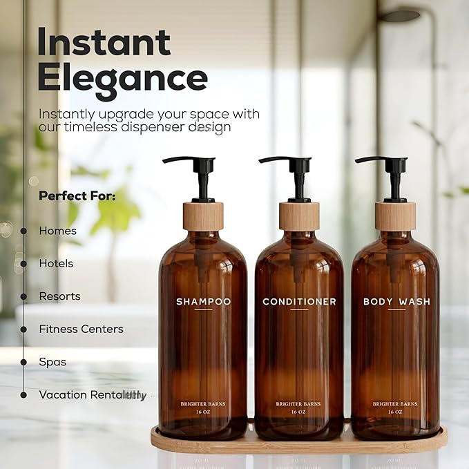 Amber Shampoo and Conditioner Dispenser Set by Brighter Barns - Refillable Plastic Shower Dispenser for Bathroom - Body Wash and Shampoo Bottles with Tray - Boho Decor for Airbnb, Hotel, Gift (Amber)