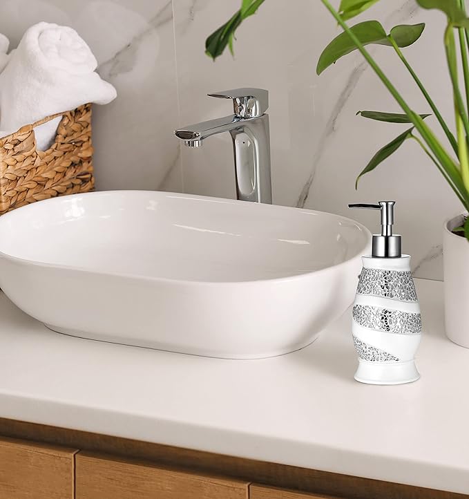 Zahari Home Sinatra Soap Dispenser/Lotion Pump Unique Design Bling Glass Mosaic Décor, White