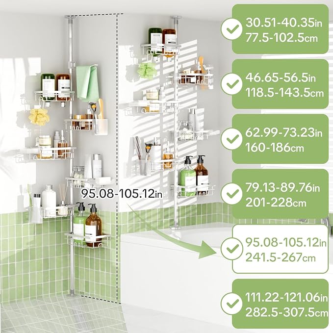 Shower Tension Rod Organizer, 6 Tier Rustproof Corner Shower Caddy Tension Pole with Soap Holder & Hooks, Adjustable 30-121 Inch Bathroom Shelf for Renters - Family Stand Storage Rack, Silver