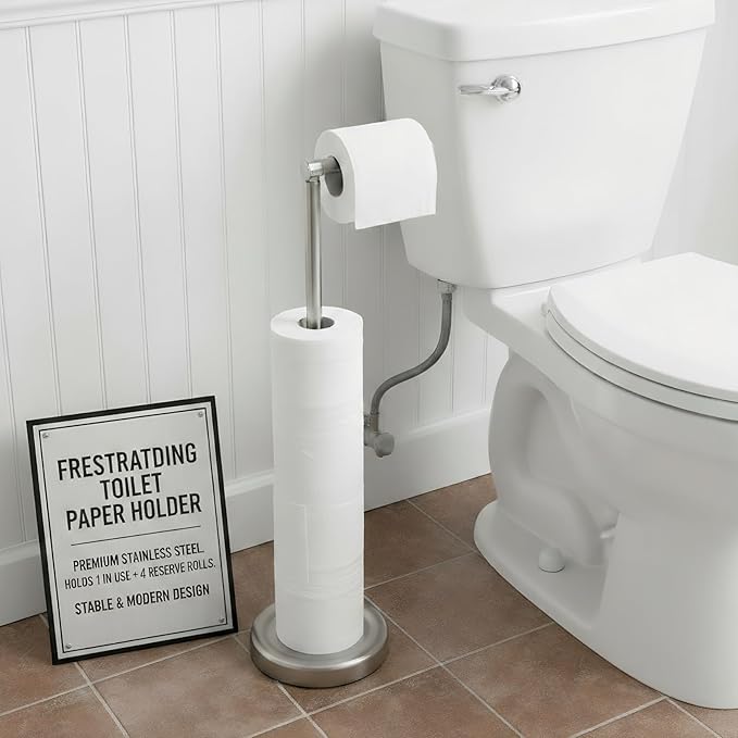 Songtec Toilet Paper Holder Stand, Sturdy Floor Standing Tissue Roll Holder for 5 Toilet Paper Rolls, Rust-Proof & Heavy Stainless Steel Base (Brushed Nickel)