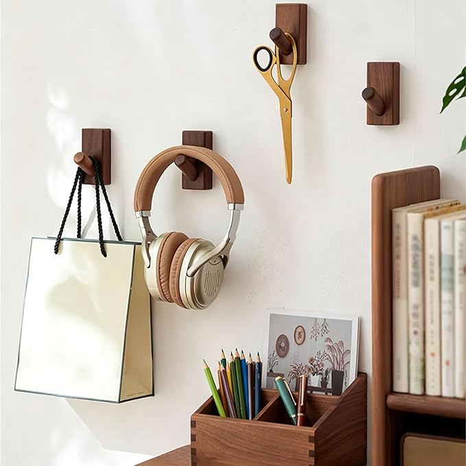 HomeDo Adhesive Wall Hooks Hat Rack, Wooden Coat Hooks Wall Mounted, Decorative Hooks Single Organizer Hat Hanger Towel Rack, Heavy Duty Hooks (Rectangle-Black Walunt,5Pack)
