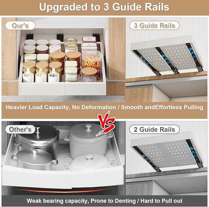 2Pc Pull out Cabinet Organizer,Width (14"-21"),Depth(17"-24") Expandable with 3 Rails,No Drill Roll out Drawers,Adhesive Sliding Drawers,Slide out Shelves for Cabinets Without Lip,Kitchen,Pantry,White