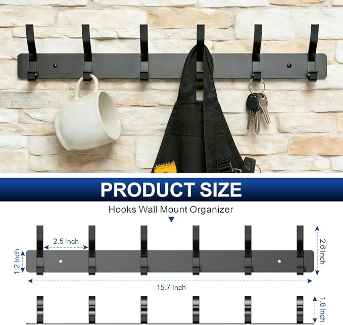 2-Pack Wall Mounted Coat Rack with 6 Hooks, Rustproof Aluminum Heavy Duty Coat Hooks for Wall, Space-Saving Organizer for Coats, Hats, Towels, Entryway and Bathroom, Black