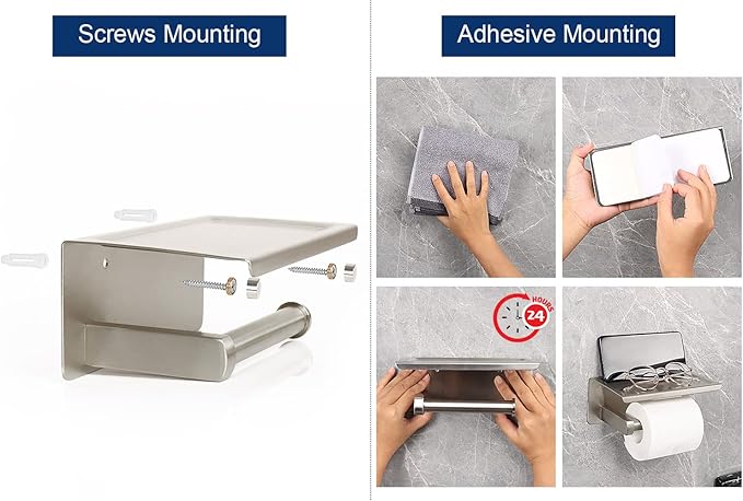 NearMoon Toilet Paper Holder with Shelf, Heavy Duty Bath Toilet Roll Holder with Phone Shelf Tissue Hanger for Bathroom/Kitchen No Drill or Wall Mounted(304 Stainless Steel, Brushed Nickel)