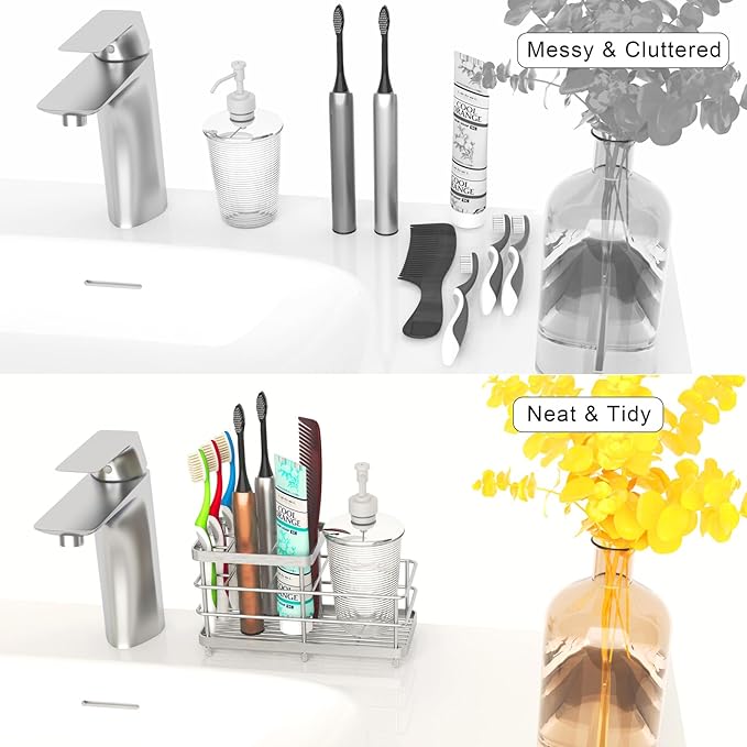 Toothbrush Holders, WHALCHI Bathroom Toothbrush Organizer 6 Slots Rustproof Metal Toothbrush and Toothpaste Holder, Silver, L
