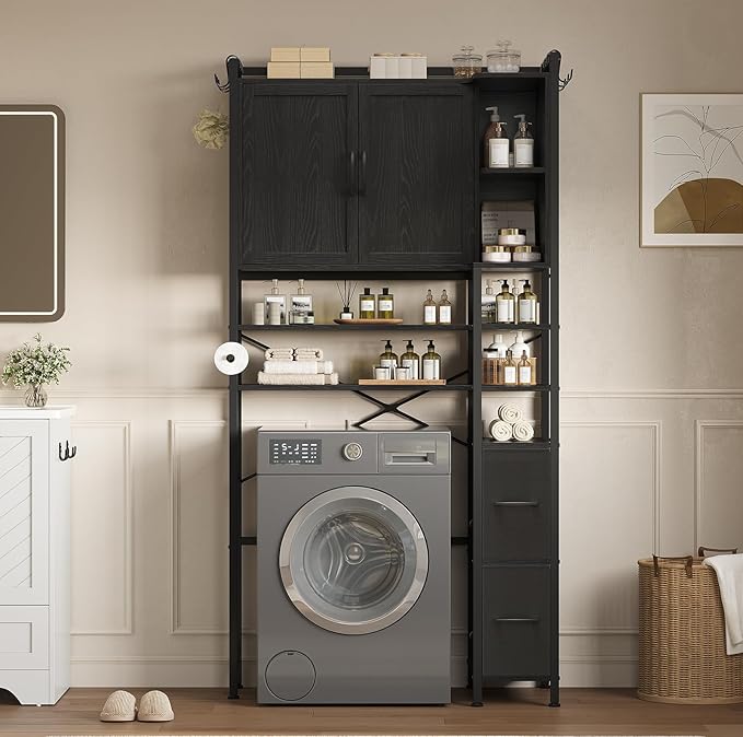 8-Tier Over the Toilet Storage Cabinet with Doors & 2 Large Drawers, Bathroom Storage Cabinet with Toilet Paper Holder, 6 Side Hooks, Over the Toilet Storage for Bathroom, Laundry Room, Black