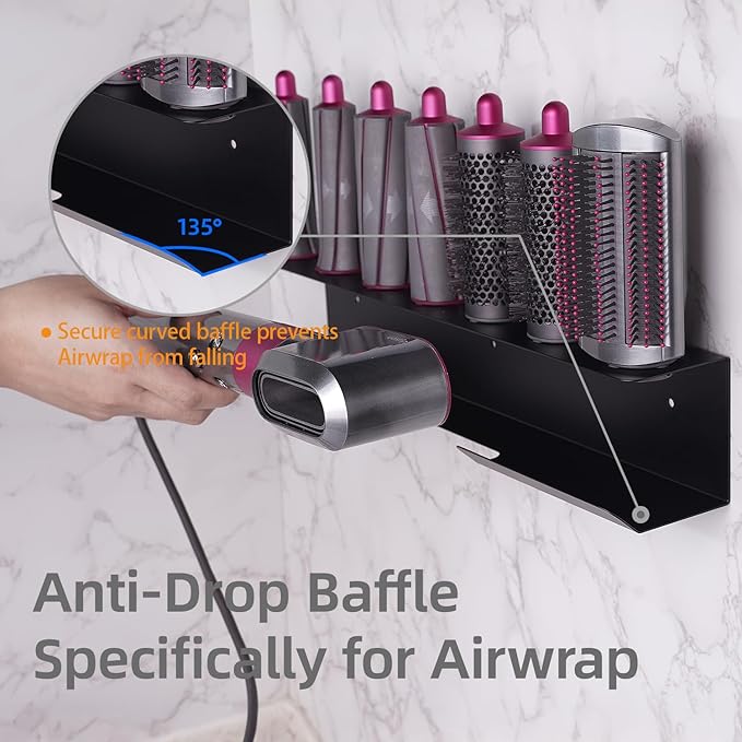 Hair Dryer Holder for Airwrap, Aluminum Hair Tool Holder Wall Mount Black with 7 Custom Slots & Cable Hook, Hair Tool Organizer Wall Mounted for Bathroom BANJEKT