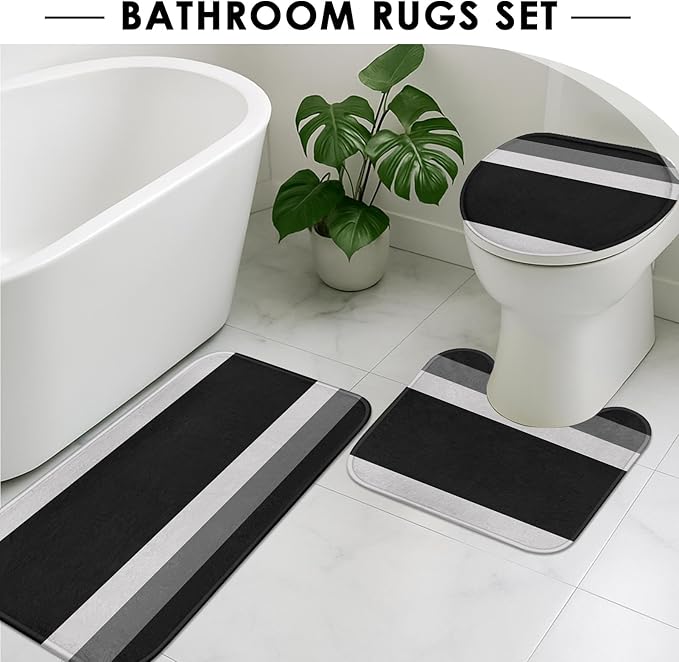 Striped Black Shower Curtain Set with Toilet Lid Cover and Non-Slip Rugs for Bathroom, Minimalist Grey Geometric 4 Pcs Shower Curtain, Modern Bathroom Set with 12 Hooks