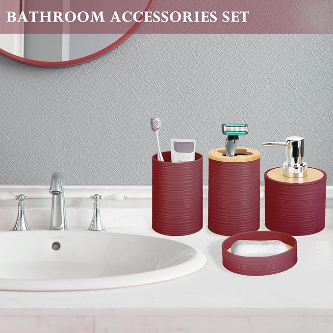 4 Pieces Bamboo Bathroom Accessories Set, Bathroom Accessory Set with Soap Dispenser and Toothbrush Holder, Soap Dish and Toothbrush Cup, Boho Bathroom Decor(Burgundy)