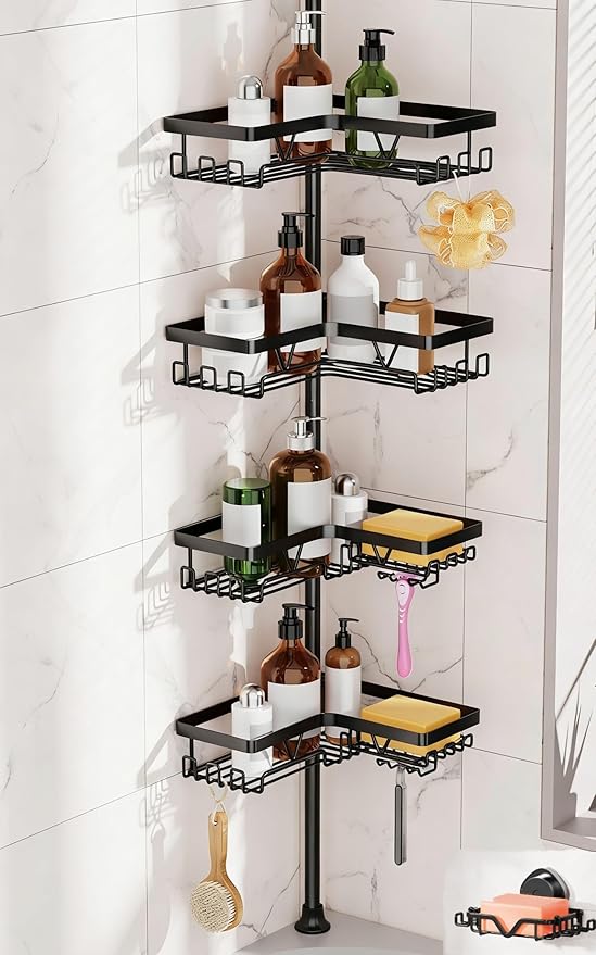 KEGII Shower Caddy Tension Pole, Rustproof Adjustable Corner Shower Organizer with 2 Suction Soap Holder, No-Drill Bathroom Storage Rack, Fits 25–114.2 Inch, Black