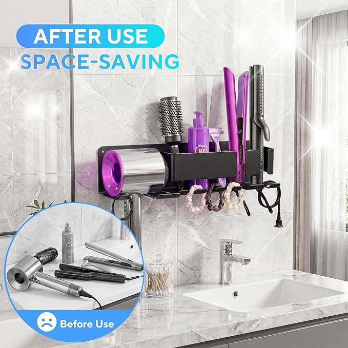 Hair Dryer Holder Wall Mounted, Blow Dryer Holder, Metal Hair Tool Organizer, Curling Iron, Straightener Holder, Hair Accessories Tools Organizer Storage for Bathroom（Gray）