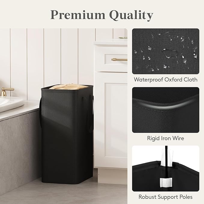 Lifewit 50L Slim Laundry Hamper, Narrow Laundry Basket with Easy Carry Handles, Small Tall Collapsible Dirty Clothes Bin in Bathroom, Bedroom, Dorm, College, Black
