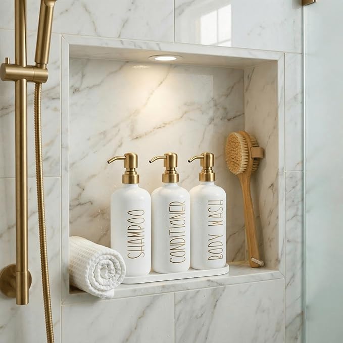 MOMEEMO Shampoo and Conditioner Dispenser Set with Tray, Refillable Shampoo Conditioner Body Wash Dispenser for Shower, Empty Shampoo Bottles with Pump, Bathroom Shower Soap Dispenser Set (Gold)