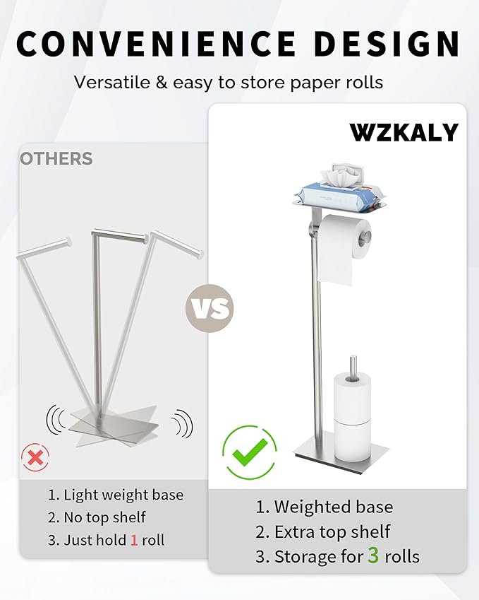 Toilet Paper Holder Stand, Free Standing Toilet Paper Holder with Shelf for Bathroom, Stainless Steel Brushed Nickel Toilet Paper Roll Holder with Storage, Reserve for 3 Rolls, Weighted Base